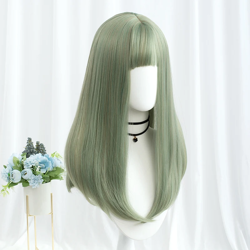 MSIWIGS Long Green Straight with Bangs Synthetic Wigs for Women\'s Lolita Fake Hair Cosplay Hairpiece