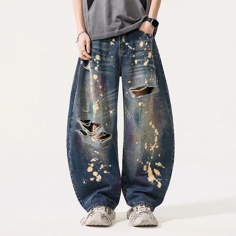 

American Style Graffiti Distressed Men's Vintage Blue Jeans High Street Trendy Hole Wide Leg Scimitar Denim Pants