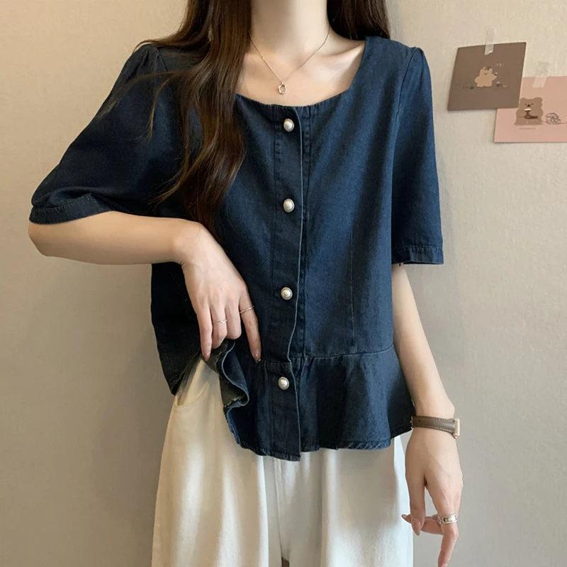 

Fashion Vintage Denim Blouses Square Collar Short Sleeve Single Breasted Ruffles Shirts Casual Loose Oversized Women Clothing