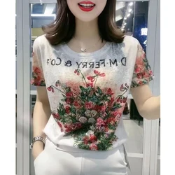 Women Clothing Summer Stylish Vintage Floral Print Short Sleeve Basic T Shirt Ladies Elegant Chic O Neck Rhinestone Loose Tops