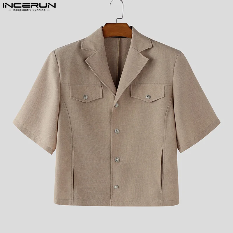 

INCERUN Men Shirt Solid Color Lapel Short Sleeve Loose Casual Men Clothing Summer Streetwear 2025 Fashion Tops Male Shirts S-5XL