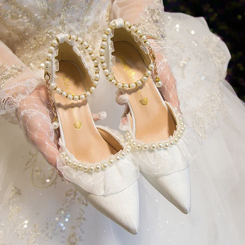 Elegant Pearl Weddings Bridal High Heels Shoes Woman 2026 Autumn Ankle Straps White Party Pumps for Women Silk Pointed Toe Shoes view 2