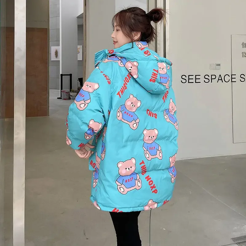 2022 new women\'s winter thickened bread coat printed bear clothes Japanese cute trend student hooded thickened bread coat