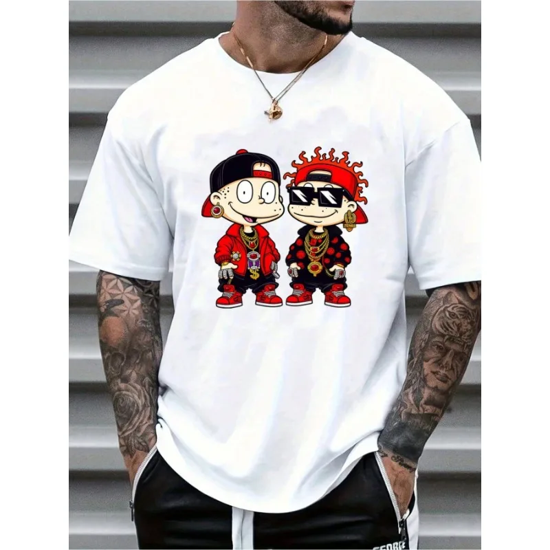 

Men's Trendy Cartoon Hip-Hop Print T-Shirt - Casual Cotton, Round Neck, Regular Fit, Geometric Pattern