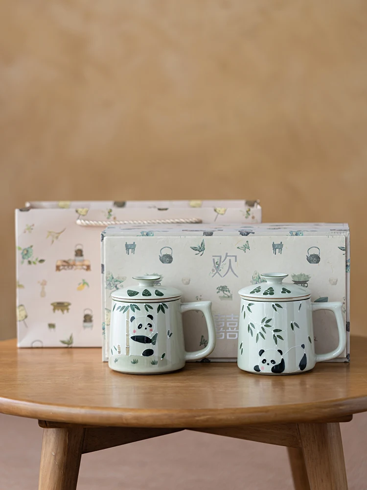 

Hand-Painted Panda Tea Brewing Cup Set Office Water Cup Filtered Mug Gift Box Set Dual Cup Tea Water Separation Mark Cup