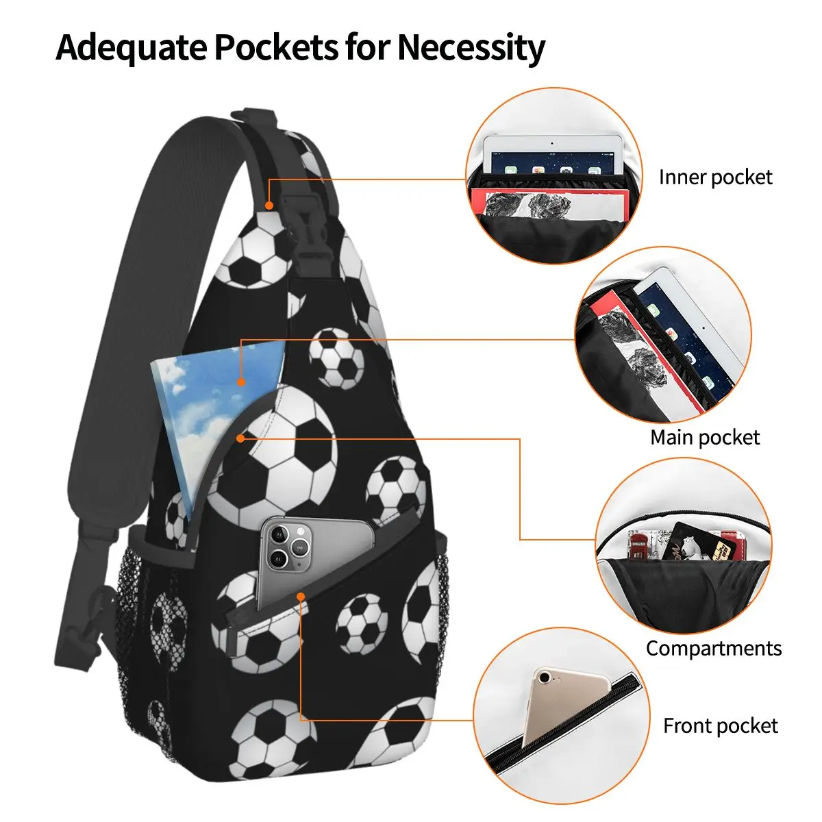 Bandolera de fútbol con estampado de balones de fútbol, bolso de pecho, mochila de hombro deportiva, mochila de día para viajes, senderismo, ciclismo