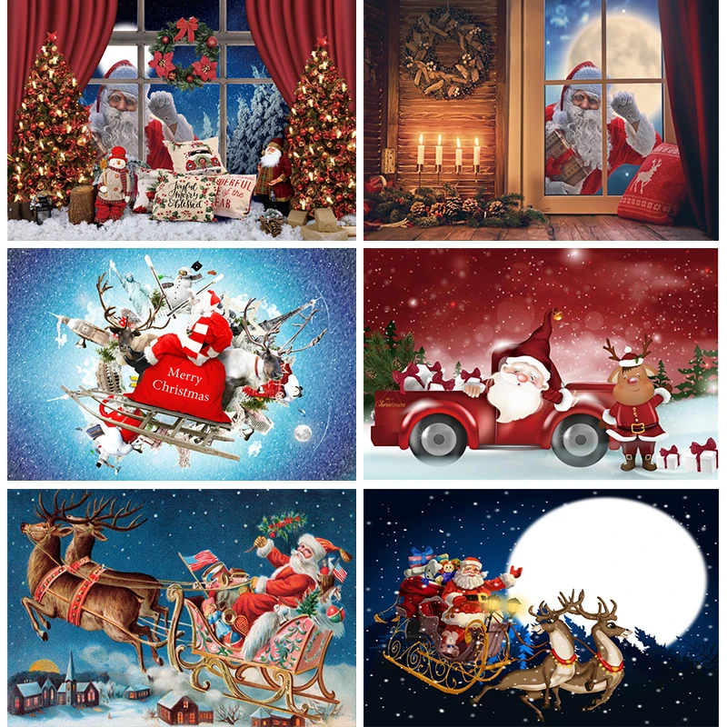 

Merry Christmas Santa Claus Backdrops Xmas Party Table Decorations Photography Background Reindeer Sled Winter Snow Photo Banner