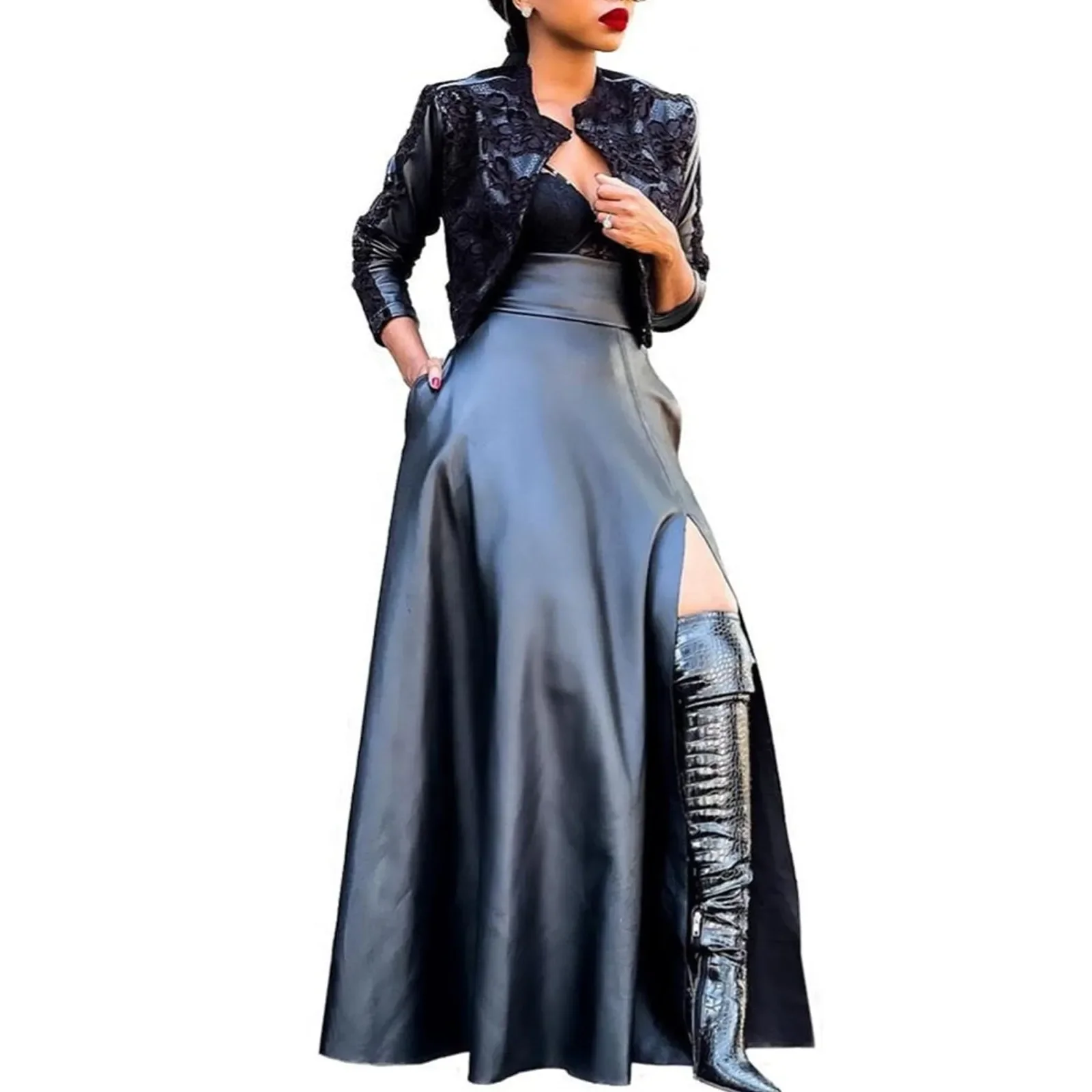 Women High Waist Faux Solid Color Leather Skirt High Slit Flared Swing Irregular Elegant and Pretty Women'S Long Skirt Faldas