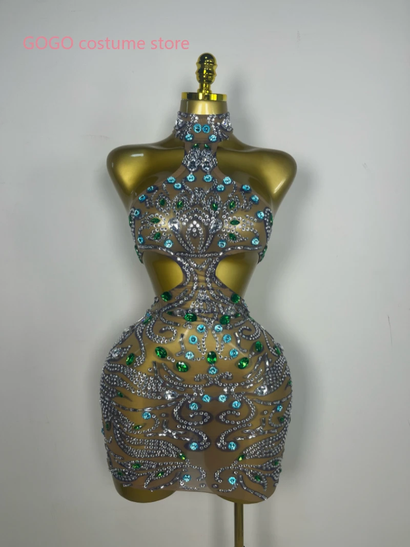 New Women Sexy Print Mesh Sheer Crystal Rhinestones Stage Costume Stage Dancer  Celebrity Night Club Mini Party Dress