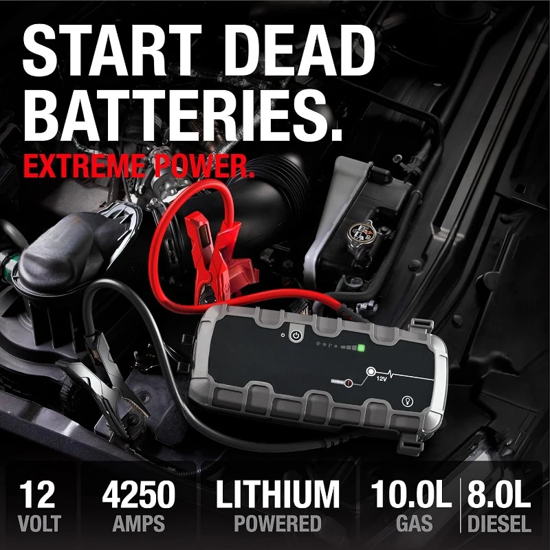 12V UltraSafe Portable Lithium Jump Starter, Car Battery Booster Pack, USB-C Powerbank Charger, and Jumper Cables