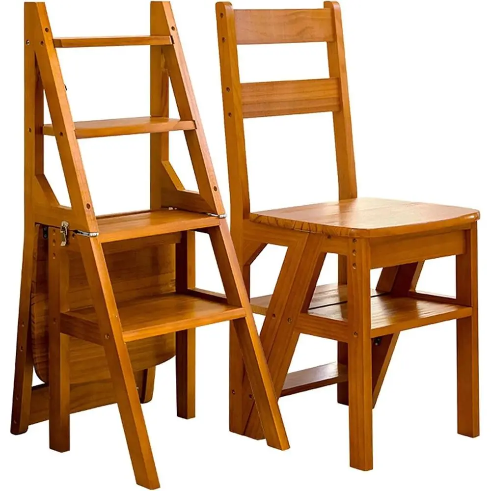 Oliding Step Ladder, Wooden 3-in-1 Ladder Chair, Portable Multi-function Step Stool, 198 lbs Capacity Indoor/Outdoor Display Rac