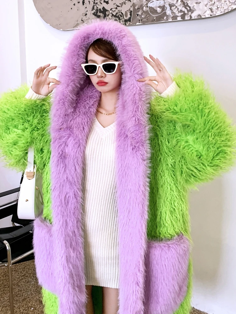 Lady Personalized Fluorescent Green Faux Fur Coat Hooded Long Jacket Female Streetwear Women\'s Winter Coats Performance Costume