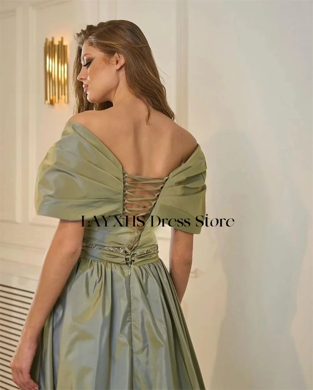 LAYXHS Klasyczna Sukienka Wieczorowa z Odkrytymi Ramionami, Linia A, Sznurowana, Z Cekinami, Plisowana Sukienka na Powrót do Domu, Szyta na Miarę فساتين سهره