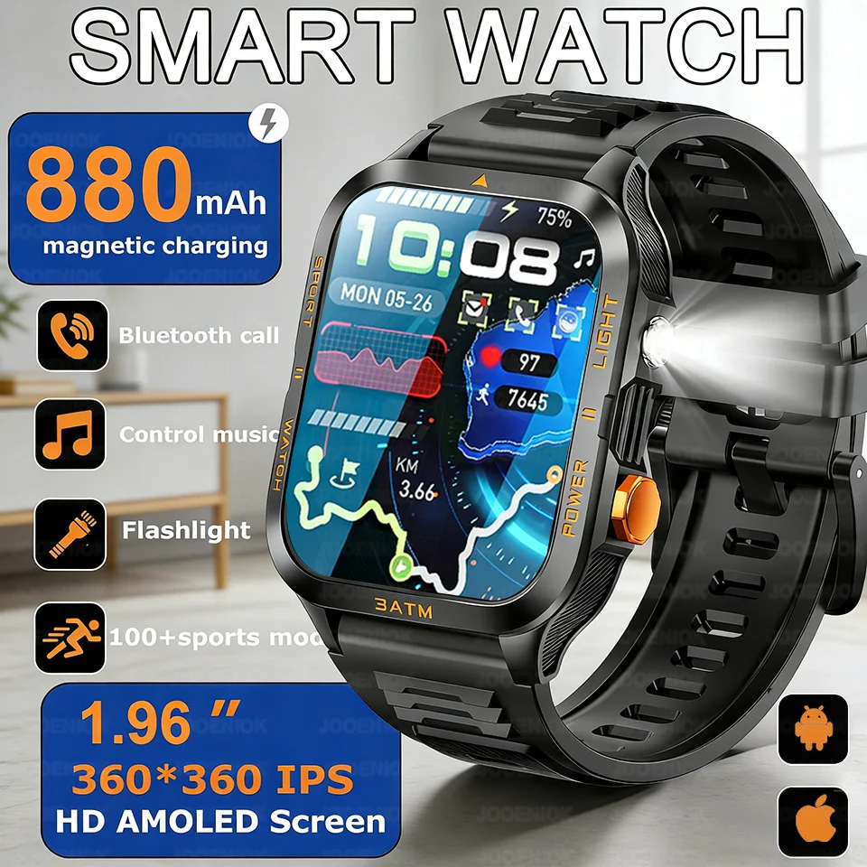 Neue GPS-Smartwatch für Herren, 880 mAh Akku, LED-Taschenlampe, 3ATM wasserdicht, 1,96-Zoll-Bildschirm, Bluetooth-Anruf, Smartwatch für Android iOS