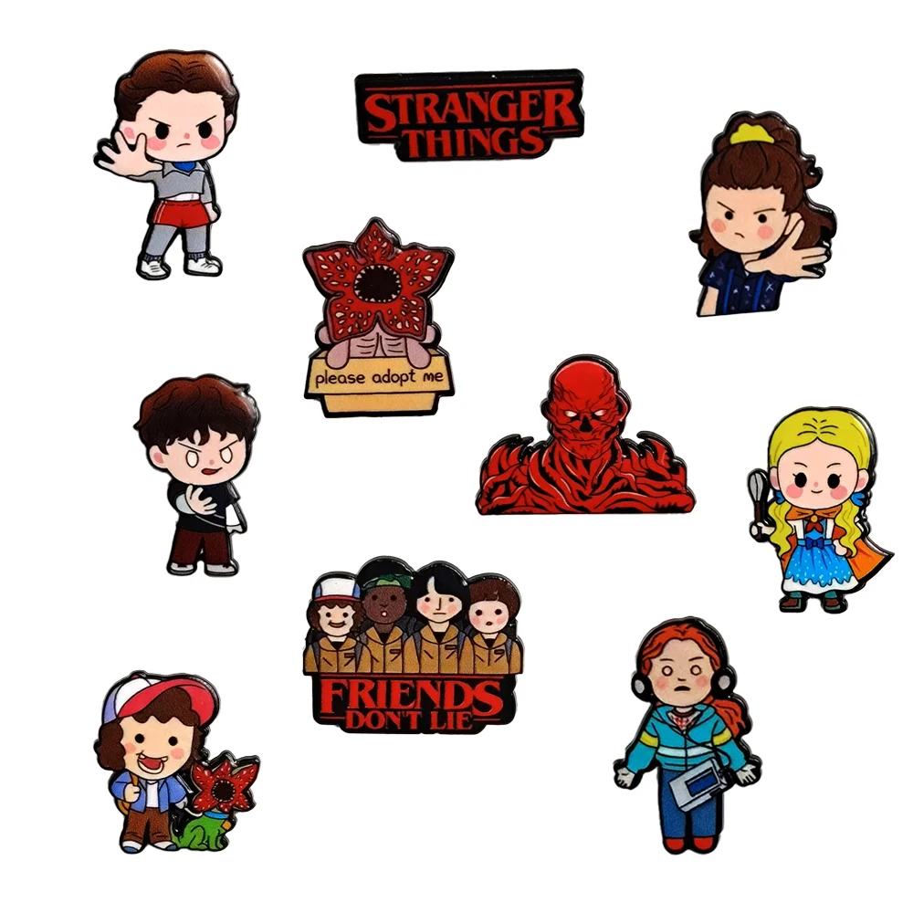 Set de 10 broches de esmalte de Stranger Things, diseño de personajes de dibujos animados Q-Version, insignias de solapa de moda para mujer para abrigos