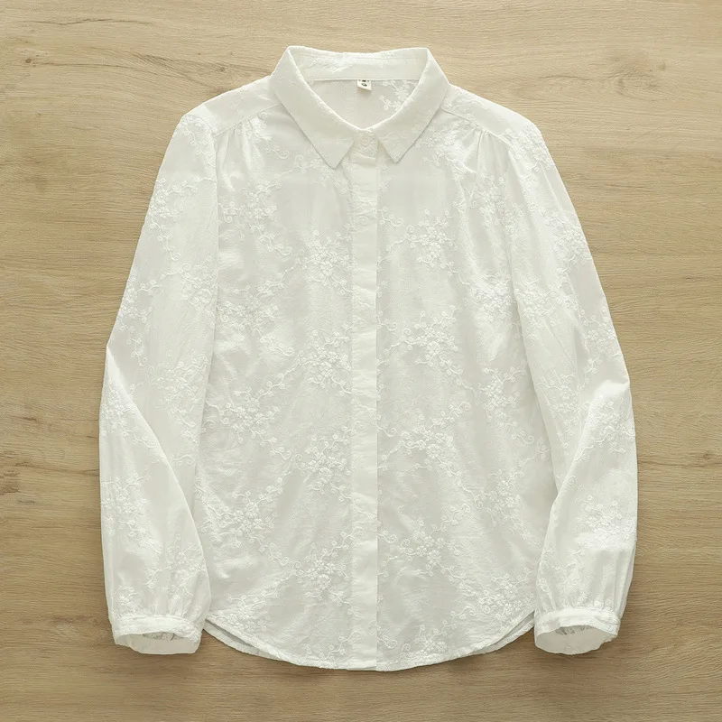 جديد 2025 الخريف قميص قطني بكم طويل ، المرأة بدوره إلى أسفل طوق التطريز ، موري فتاة تنوعا بلوزة فضفاضة غير رسمية T58849CC