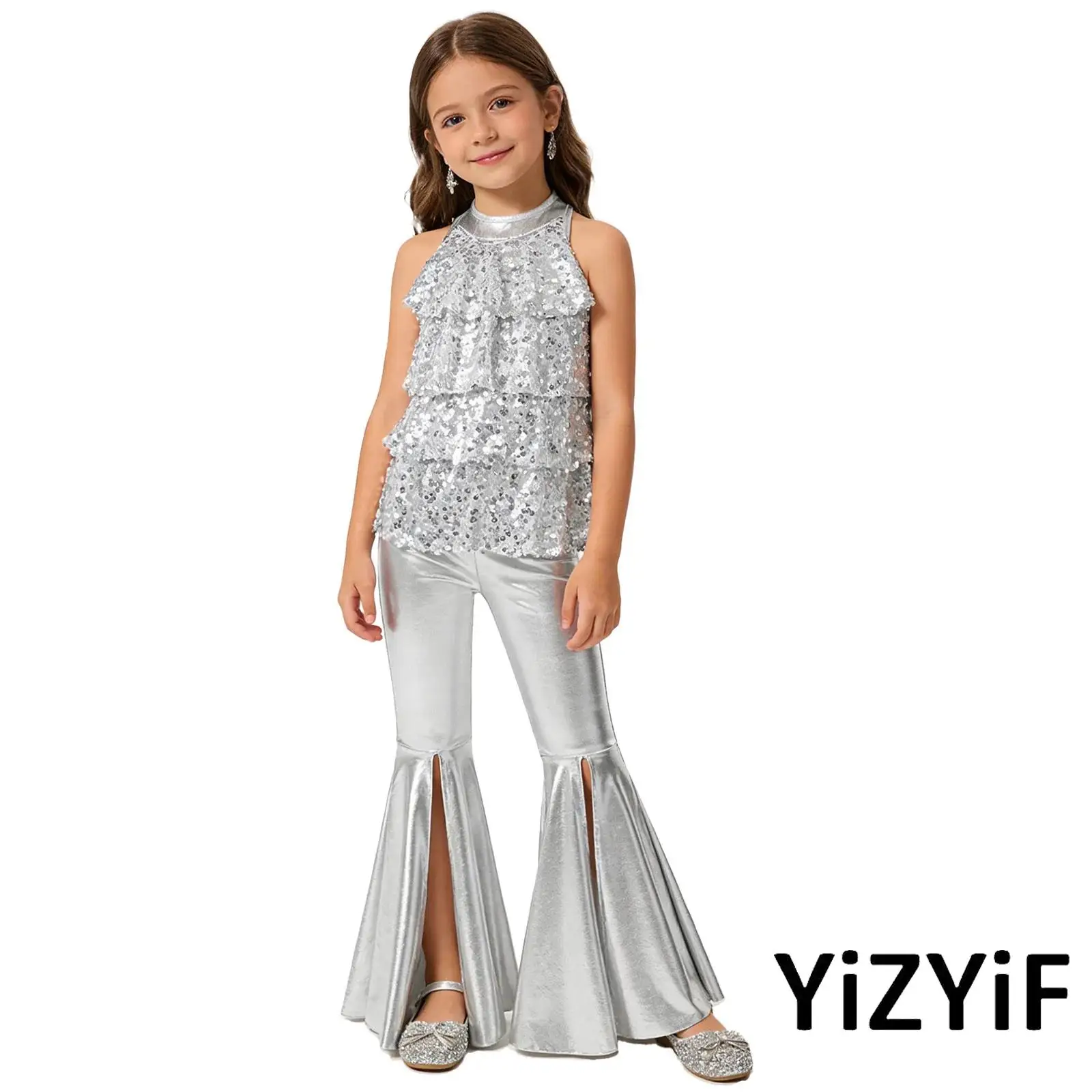

Детский костюм для джазовых танцев для девочек: топ с блестящими пайетками на бретелях и открытой спиной, металлические брюки-клеш с разрезами, сценический костюм для выступлений