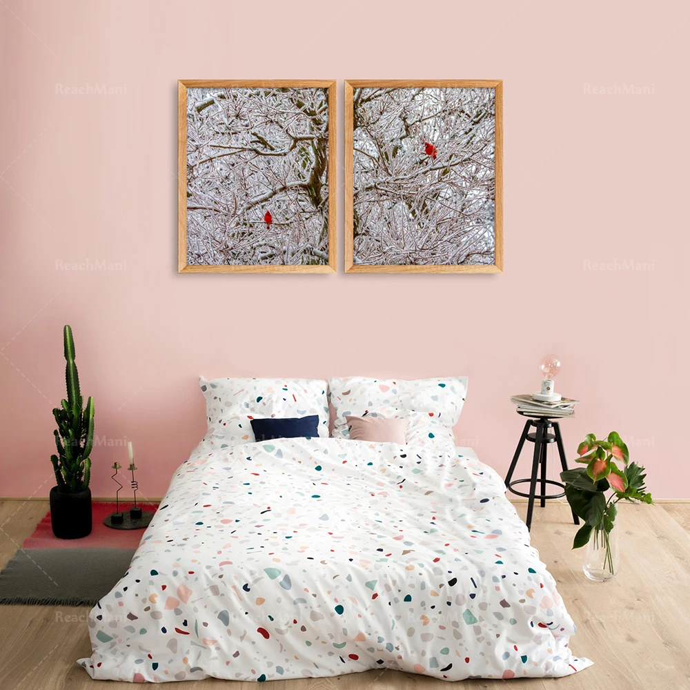 Bishop in red and red, winter forest land holiday bird poster, frost tree wall art, cute animal wild animal decoration