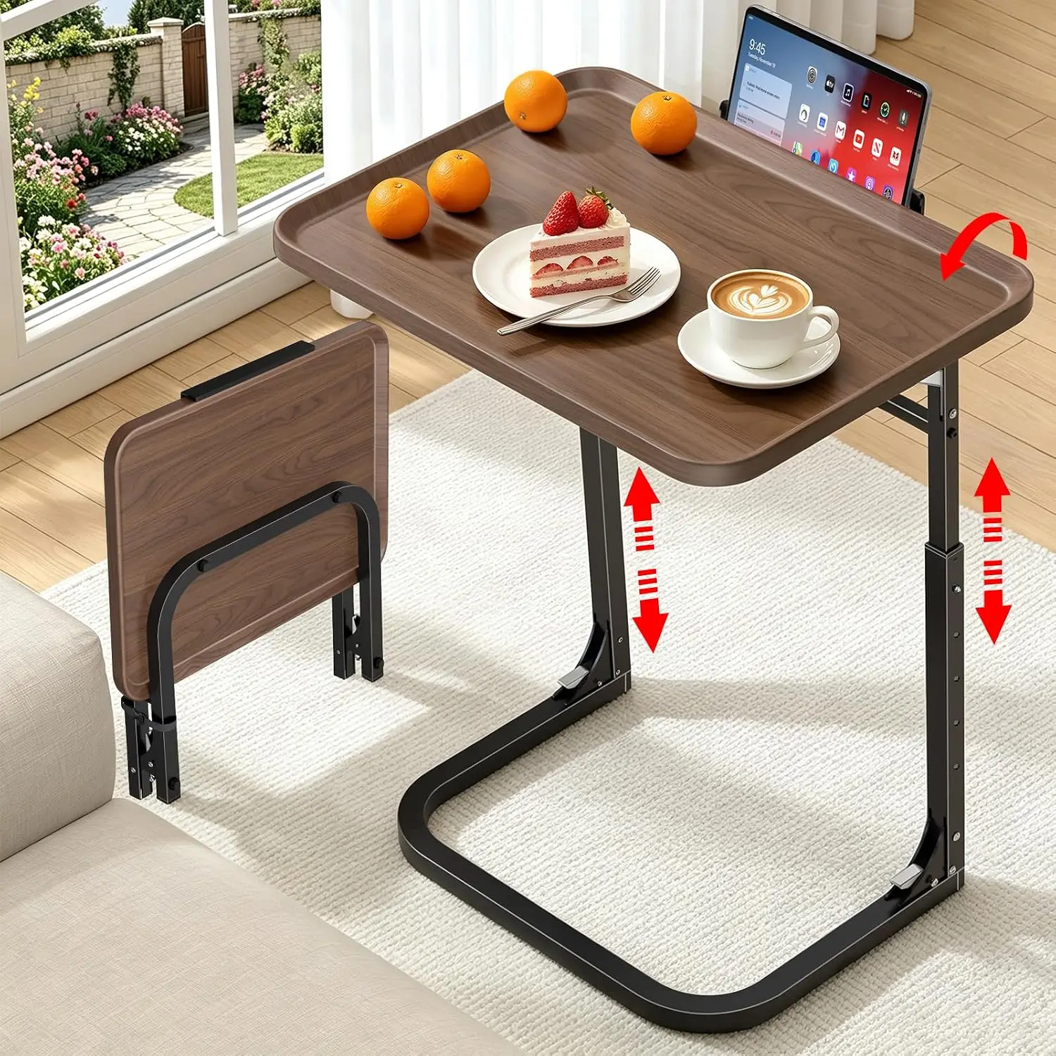Heavy Duty C-Shaped End Table, Raised Edge Snack Table, Height & Tilt Adjustable TV Tray Table, Easy to Install, Customized