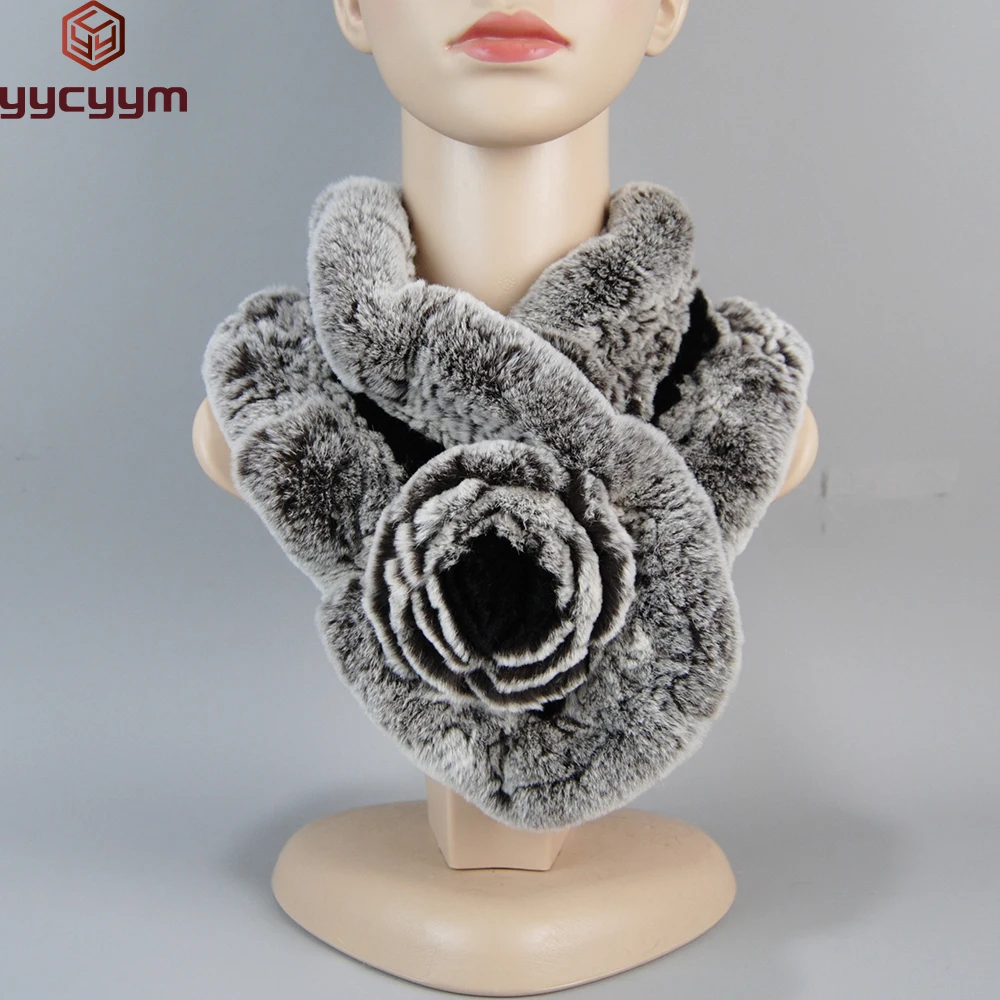 

Brand Women Winter Floral 100% Natural Real Rex Rabbit Fur Ring Scarves Lady Knitted Real Fur Mufflers Fashion Fluffy Fur Scarf