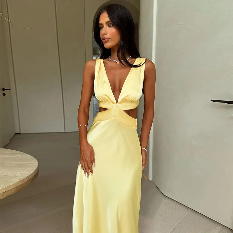 Tornova Deep V Neck Hollow Long Dress Female Sleeveless Slit Beach Vacation Dress Solid Color High Waist Bodycon Women's Dress