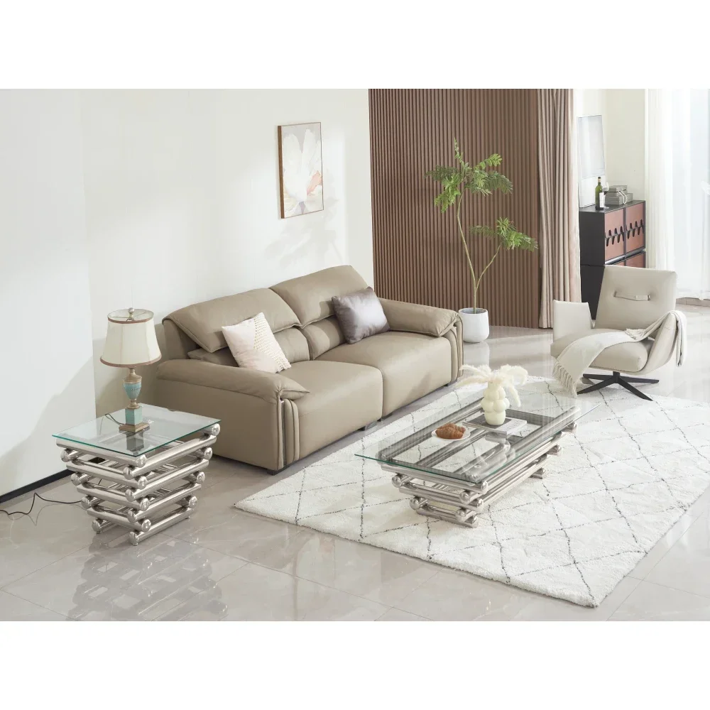 Stainless Steel Coffee Table Set (Set of 2), Clear Tempered Glass Tabletop, Coffee Table & End Side Table for Living Room