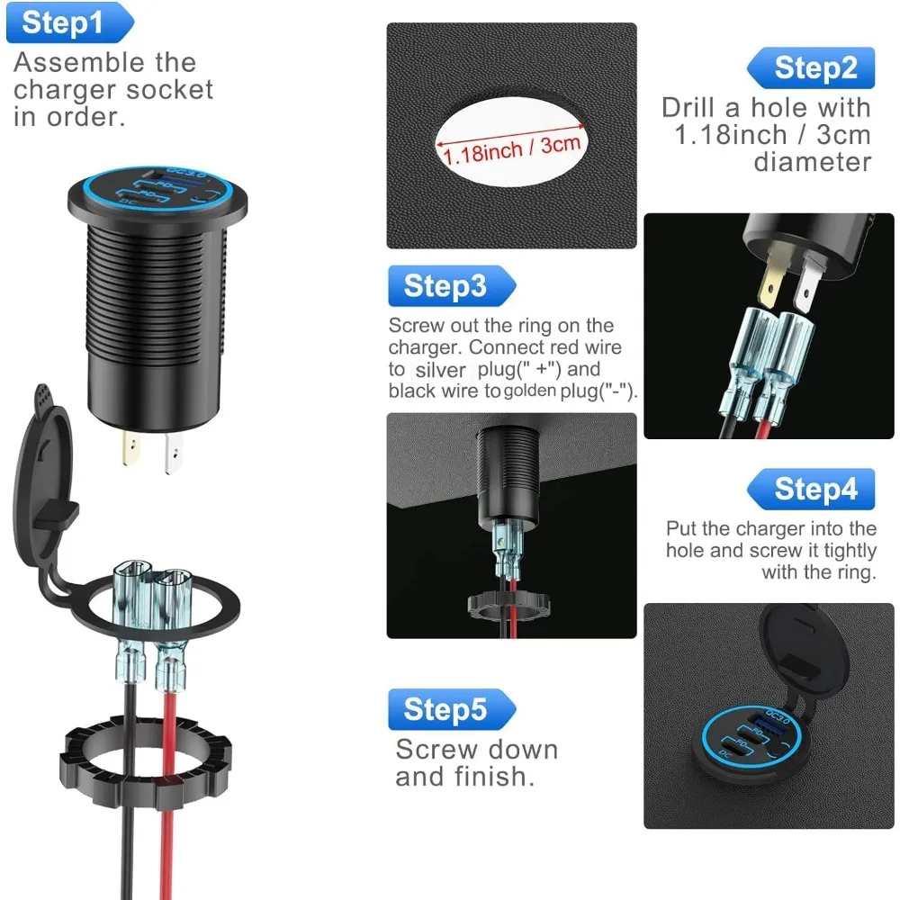 شاحن USB سلكي بمنفذ USB 12 فولت متعدد المنافذ، مزدوج PD3.0 USB-C ومقبس منفذ السيارة Quick Charge3.0 مع مفتاح الطاقة، شحن سريع #5