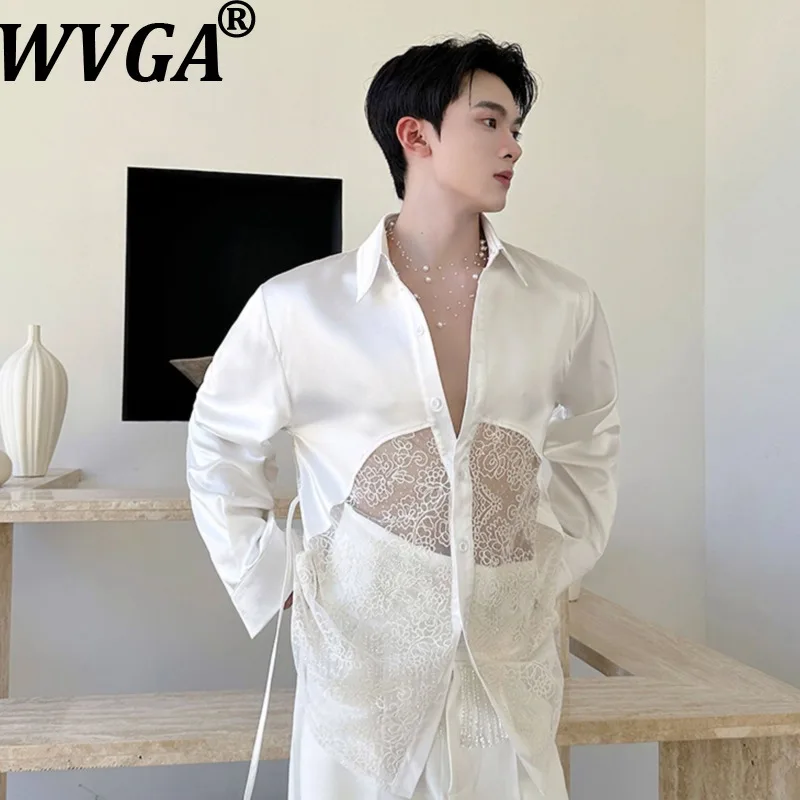 WVGA Spring Autumn New Men Tide Lace Patchwork Design Long Sleeve Shirt Niche Chic Casual Korean Elegant High-end Top Ins W17407