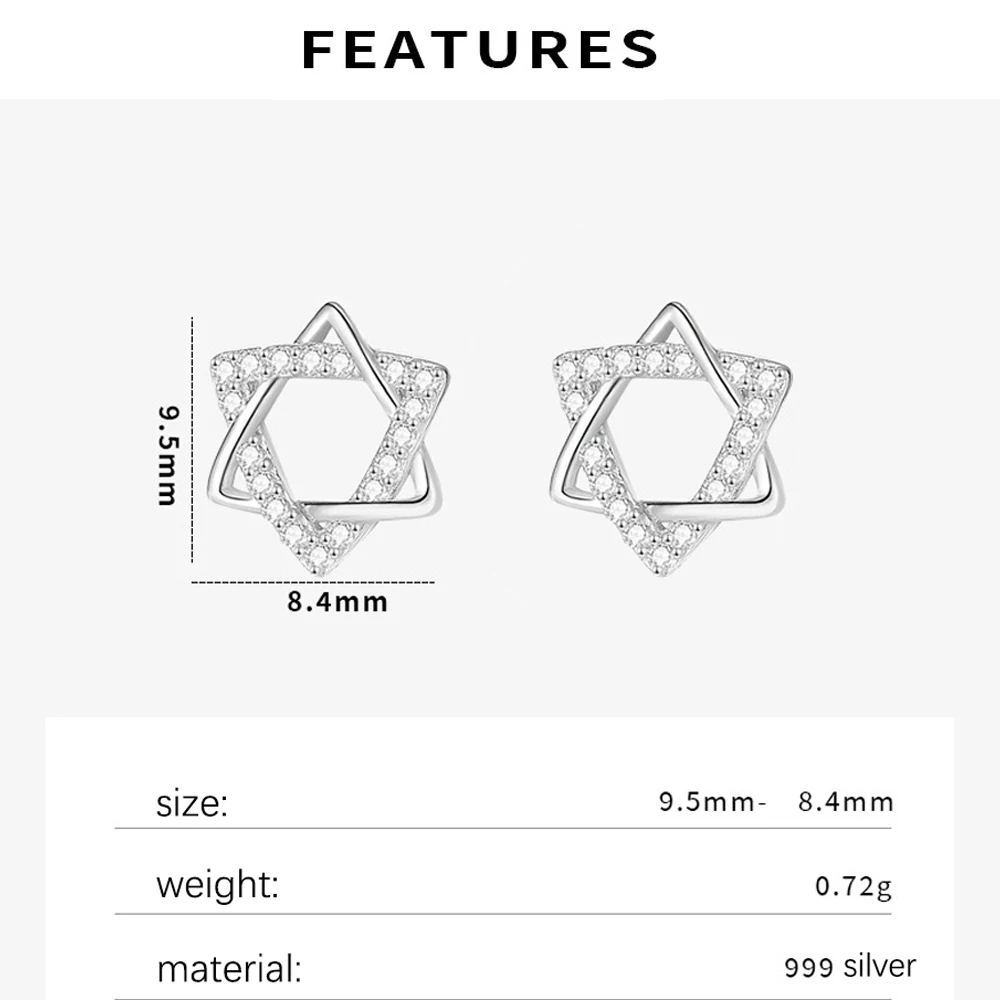 Monkton S999 Sterling Silver Fashion Hexagonal Star Earrings for Women Shiny Star Stud Earring Jewelry for Woman Aretes De Mujer