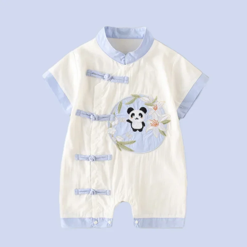 

2023 Summer Cotton Baby Jumpsuits Boys Chinese Style Panda Short Sleeve Tang Suit Bodysuit Newborn Rompers 1st Birthday Gifts