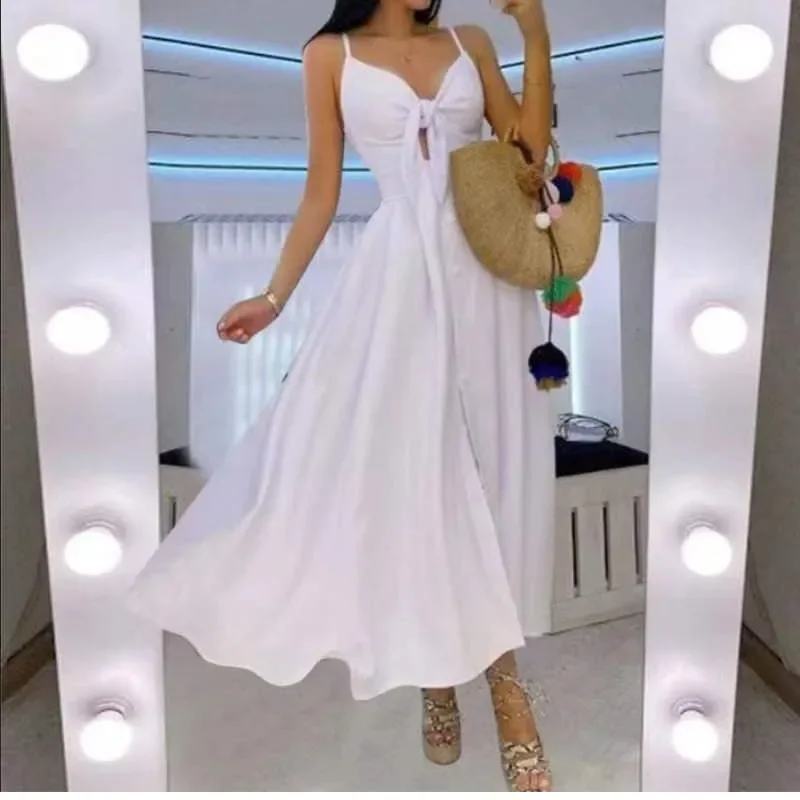 Sukienka bez rękawów plaża kobiety długa, slim fit sukienki letni kwiatowy dekolt w serek wzór w cętki 2025 moda seksowna sukienka na szelkach