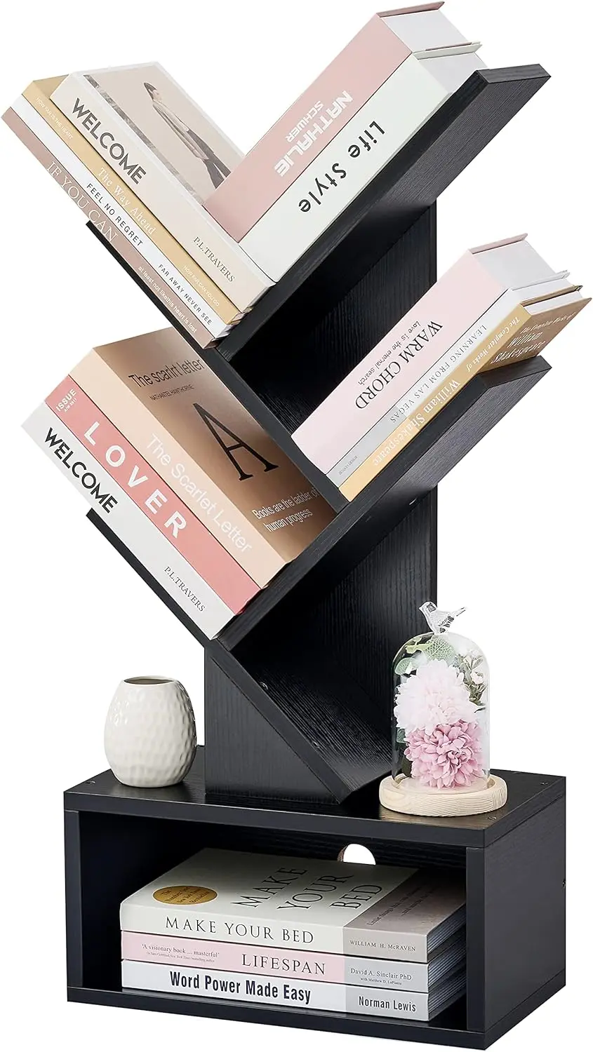 3 Tier Tree Bookshelf,Small Bookcase with Drawer, Desktop Book Shelf,Display Floor Standing Storage Shelf,Book Organizer Shelves