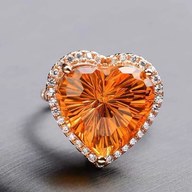 Natural Citrine Millennium Cut Heart Ring, Diamond Cut 925 Silver Adjustable, Vibrant Crystal Jewelry Gift for Women