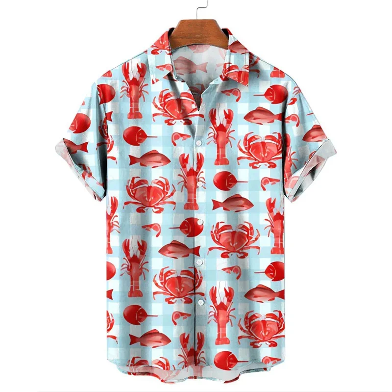 Camisa havaiana masculina estampada em 3D, padrão marisco, manga curta, tamanho grande, férias de verão, casual masculina moda praia