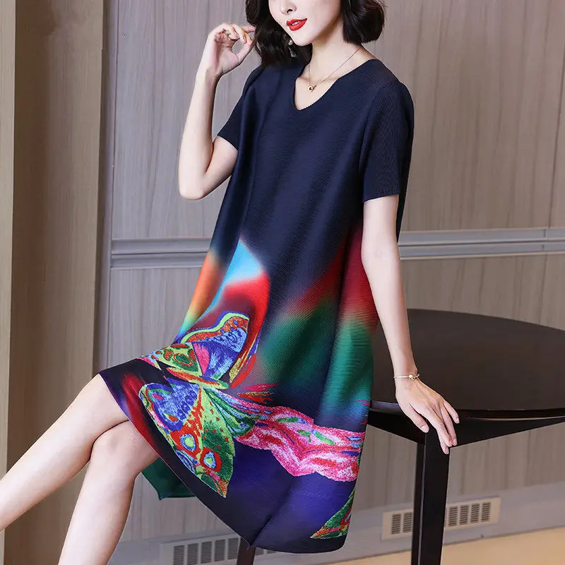 

Summer short sleeve elegant women's dress 2023 new temperament round neck print loose slim pleated long casual dress tops