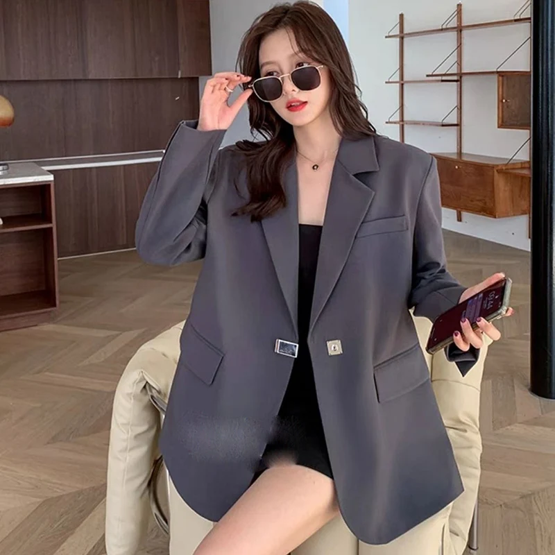 Fashion Lapel Button Pockets Solid Color Blazer Women\'s Clothing 2024 Spring Autumn New Loose Casual Tops Office Lady Blazers