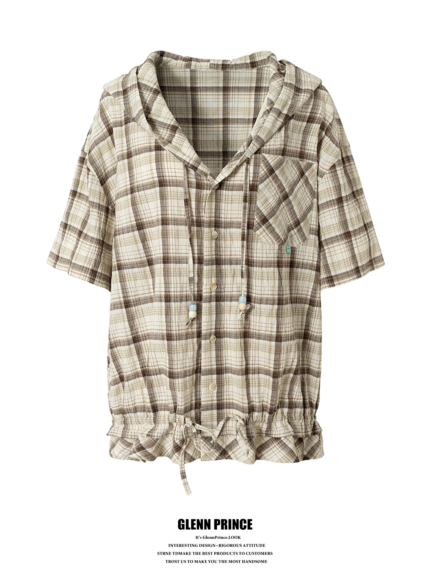 

GPstudio Vintage Hem Drawstring Pleated Plaid Short Sleeve Women's Shirt Camping Lazy Style V-neck Hoodie Breathable Loose Fit