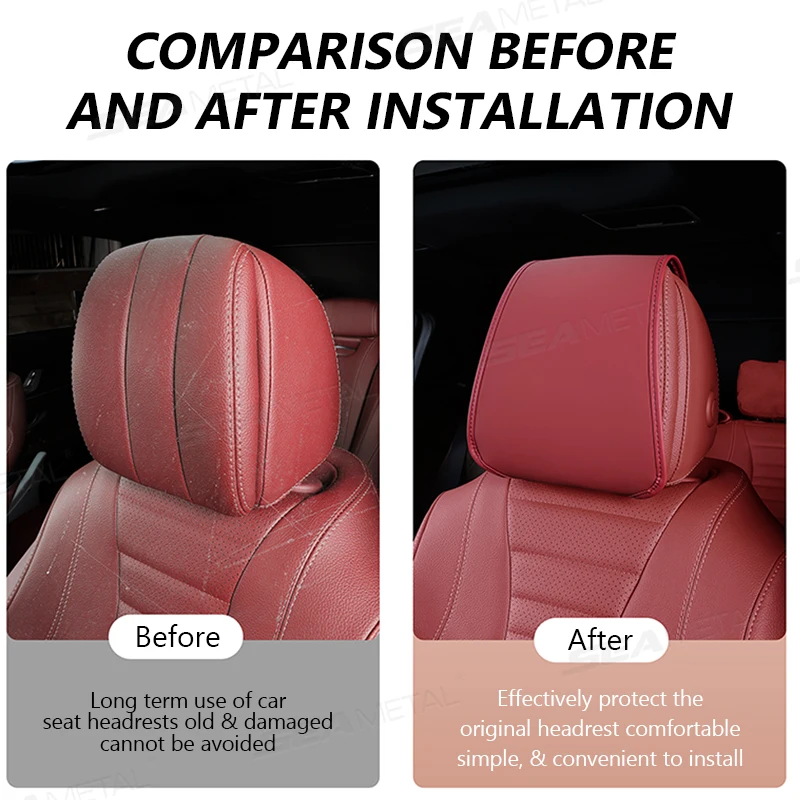 SEAMETAL Car Headrest Cover Wear-Resistant Leatherette Car Seat Pillow Protector Skin-Friendly Anti-Scratch Protection Cover