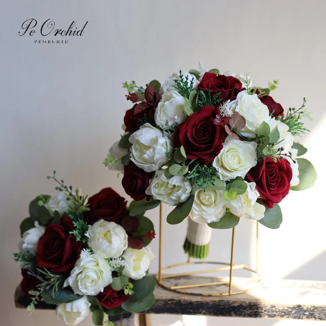 PEORCHID Artificial Burgundy&Ivory Wedding Bouquet With Rose Peony Fall Autumn Real Touch Fake Red Boho Bridal Flowers Bouquets