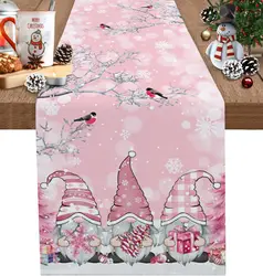 Christmas Gnome Pink Linen Table Runners Winter Seasonal Dresser Scarf Decor Xmas Tree Snowflake Table Runner Navidad Decoration