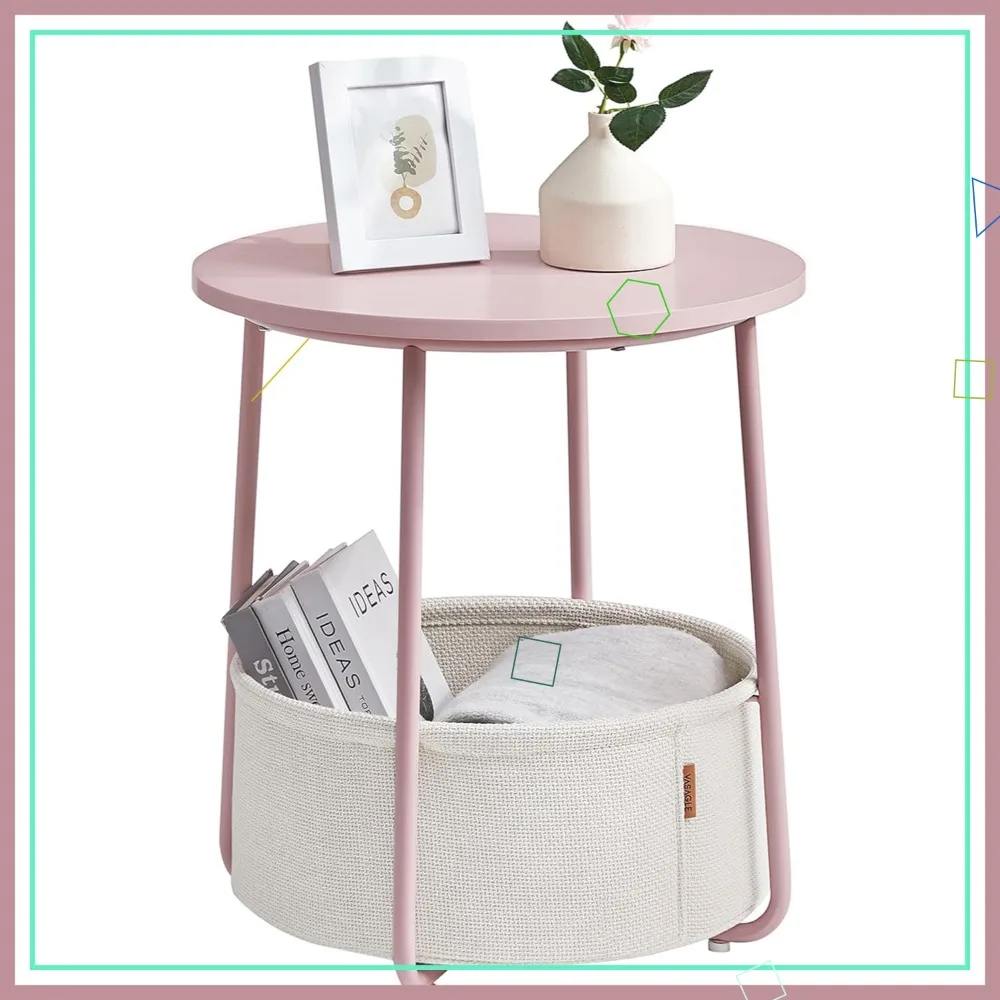 Modern Round Side Table with Fabric Basket, Pink & White Nightstand for Small Spaces, Easy Assembly
