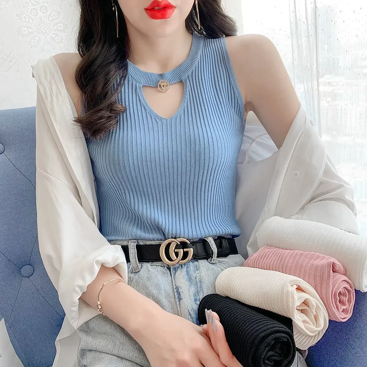 

Летние женские вязаные ажурные майки, женские тонкие топы, базовые повседневные майки, футболки с круглым вырезом, топы без рукавов для женщин 2025