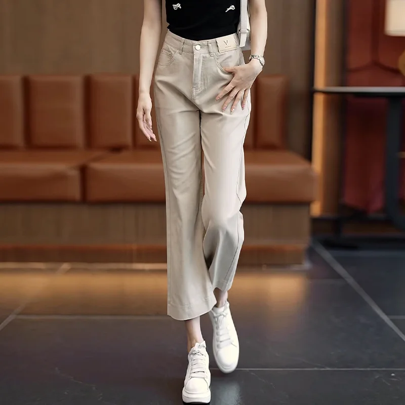 

Khaki Soft Denim Straight Pants for Women, Summer Thin Casual Fashion Versatile Eight-Point Wide-Leg Pants