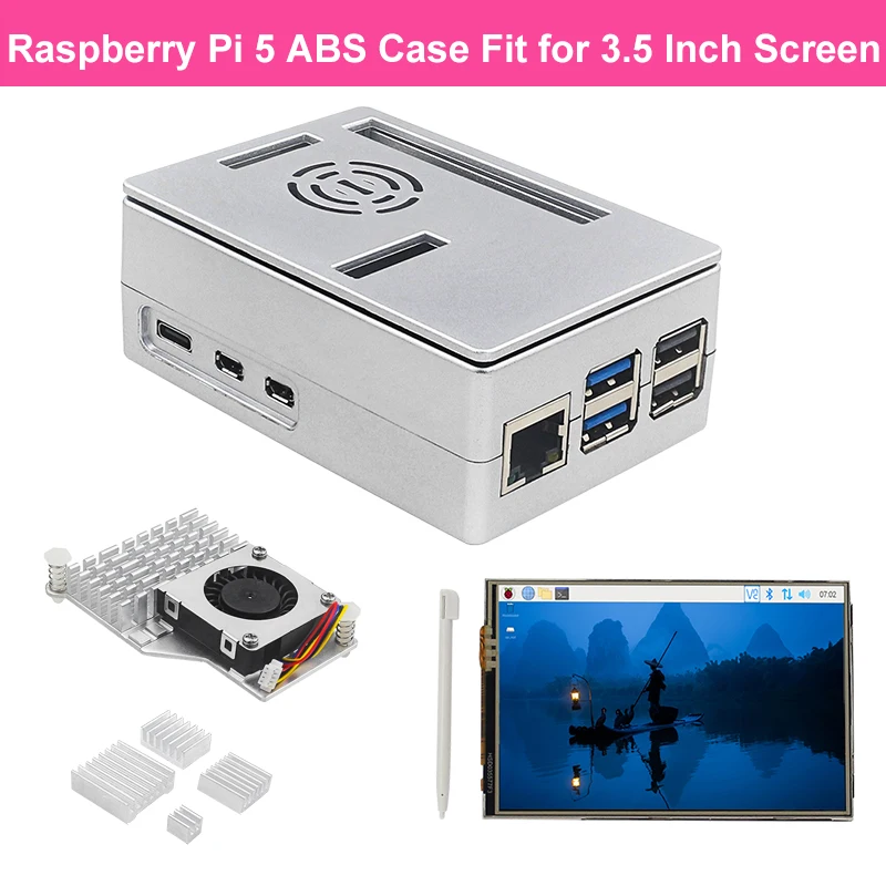 Raspberry Pi 5 carcasa ABS carcasa protectora plateada para Raspberry Pi 3,5 pantalla táctil opcional disipador de calor para Raspberry Pi 5