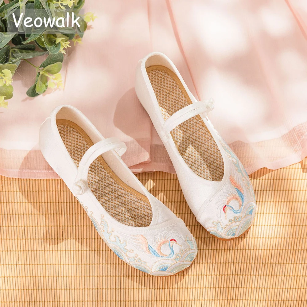 Veowalk Newly Women Cotton Fabric Crane Embroidered Ballet Flats Retro Ladies Casual Mary Jane  Comfortable Walking Shoes