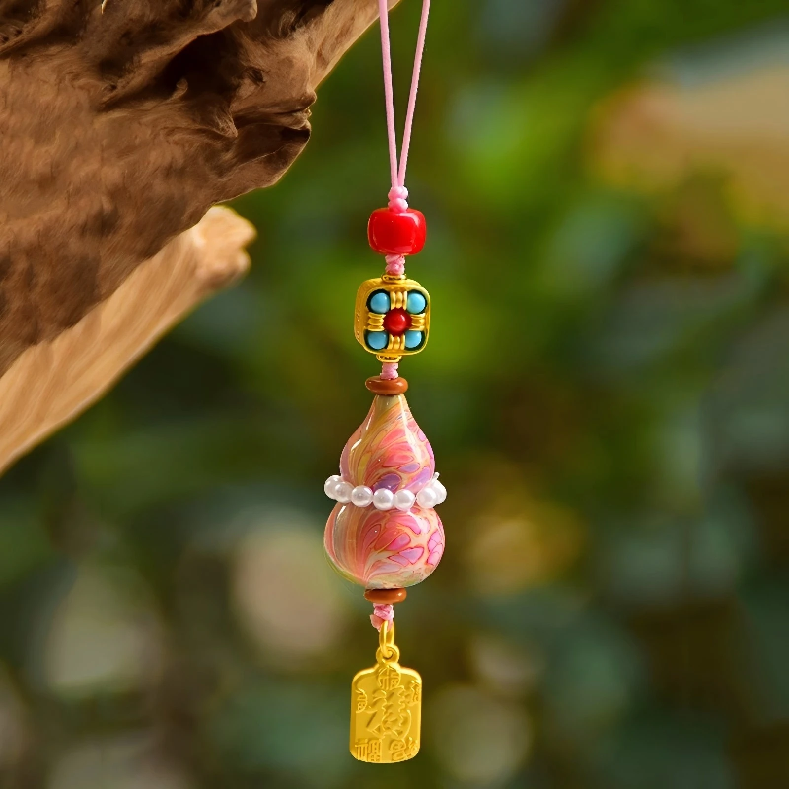 Fu Pai Pearl Gourd Accessories, Exquisite Pearl Keychain Jewelry Accessories with Large Lacquer Small Gourds