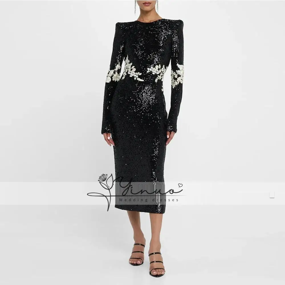 

customized Black Sequin Evening Gown Mermaid Formal Party Dress Ivory Appliques Saudi Dress Tea Length Long Sleeves Prom Dress