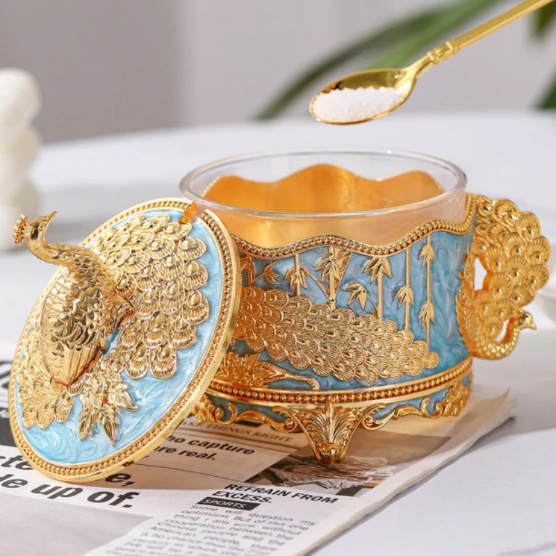 New European Style Sugar Jar,Alloy with Lid Peacock Shape Seasoning Container Salt Organizer,Coffee Beans Jar,Kitchen Decorative
