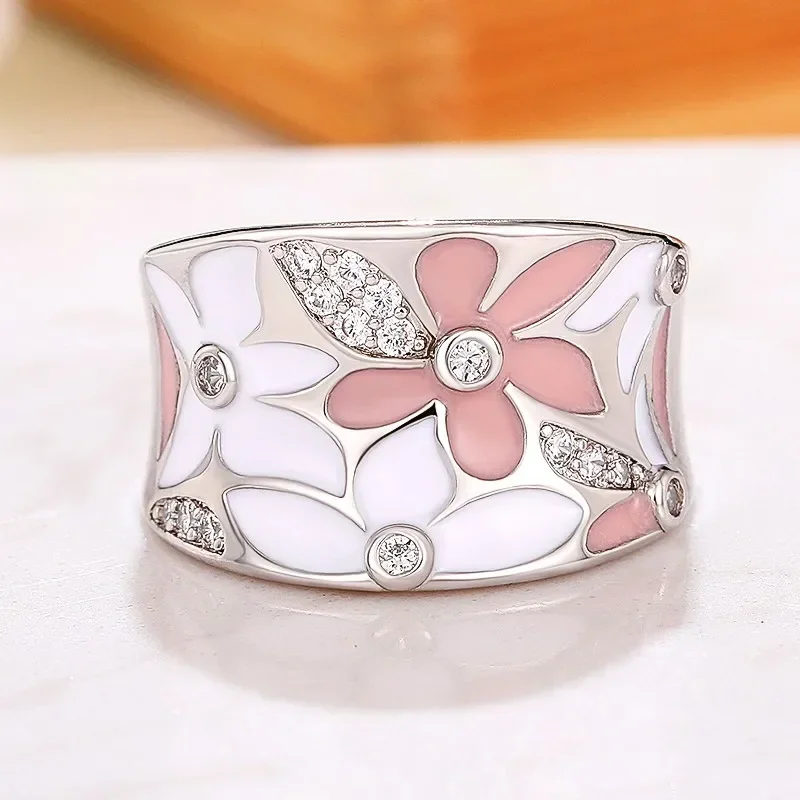 2026 Aesthetic Enamel Flower Finger Ring for Women Wedding Party New 2023  Silver Color Luxury Cubic Zirconia Jewelry Gift