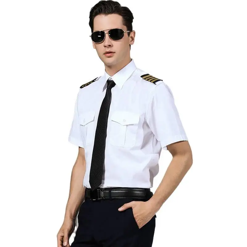 Summer Air Force Uniform Short Sleeve White Shirts Pilot Security Workwear  Outfit Men's Casual Style Square Collar Work Shirts